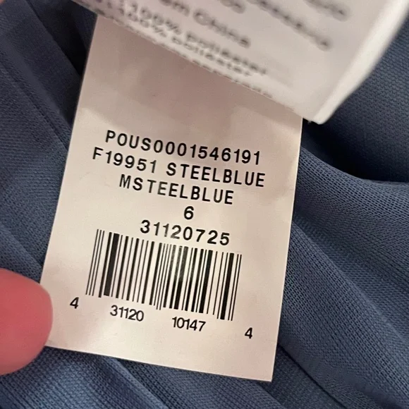 David's Bridal - Crisscross Off-the-Shoulder Mesh Dress - Steel Blue, Size 6 - Picture 9 of 10